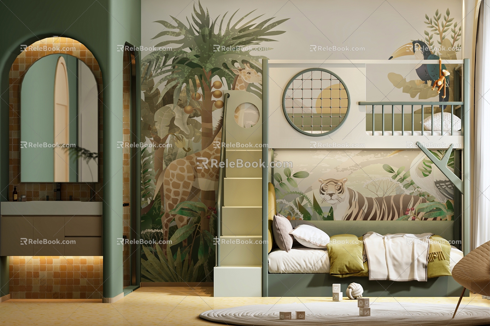 Children's room high and low bed tree house bed hotel parent-child furniture bed furniture 3d model