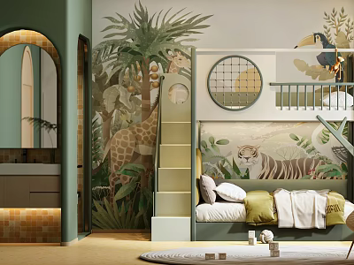 Kids Bed With Jungle Theme Mural Tiger Giraffe Toucan Animals Green Wall And Round Decor 3d model
