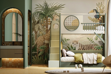 Children's room high and low bed tree house bed hotel parent-child furniture bed furniture 3d model