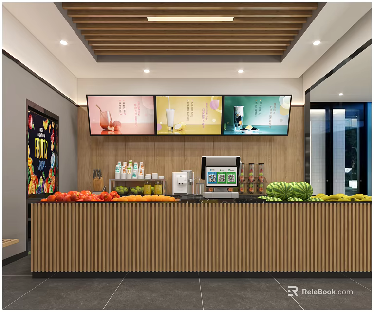 Fresh Fruits Store Interior With Wooden Counter Display Menu Screens And Cash Register 3d model 