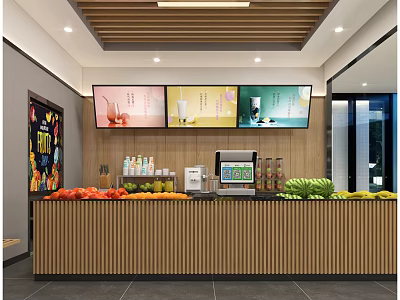 Fresh Fruits Store Interior With Wooden Counter Display Menu Screens And Cash Register 3d model