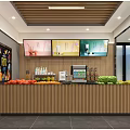 Fresh Fruits Store Interior With Wooden Counter Display Menu Screens And Cash Register
