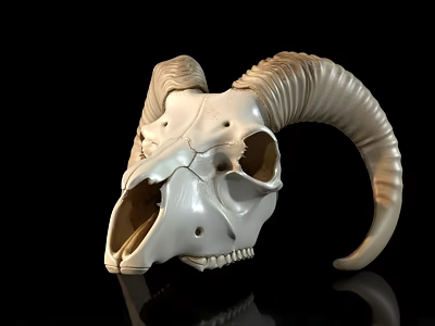 Sheep Skull With Curved Horns And Detailed Bone Structure On Black Background 3d model