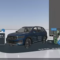 Car Showroom Showcasing Blue SUV With Direction Signs Green Plants And Display Stands