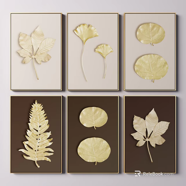 Golden Leaf Wall Art Decor with Various Leaf Patterns in Multiple Frames 3d model