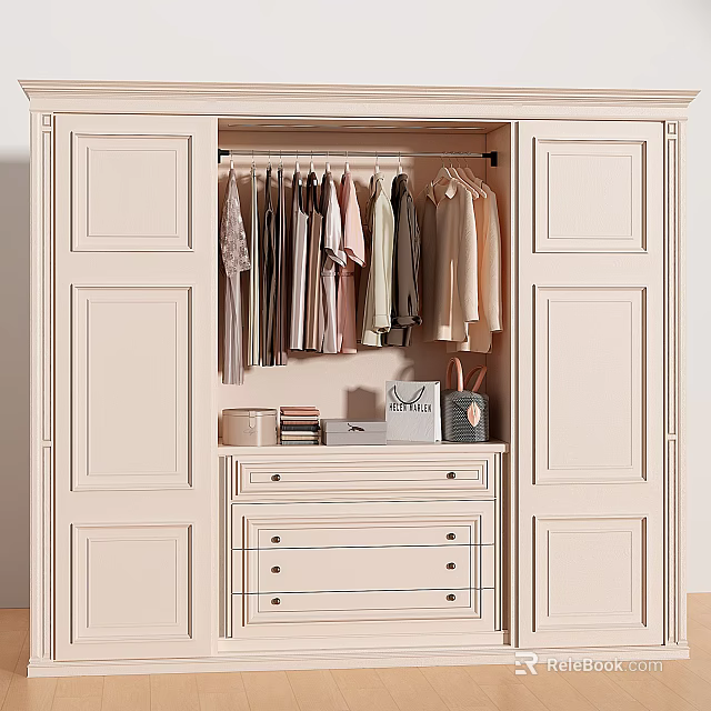Classic White Wardrobe With Double Door Design Hanging Clothes And Lower Drawer Storage 3d model 