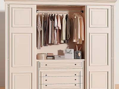 Classic White Wardrobe With Double Door Design Hanging Clothes And Lower Drawer Storage 3d model