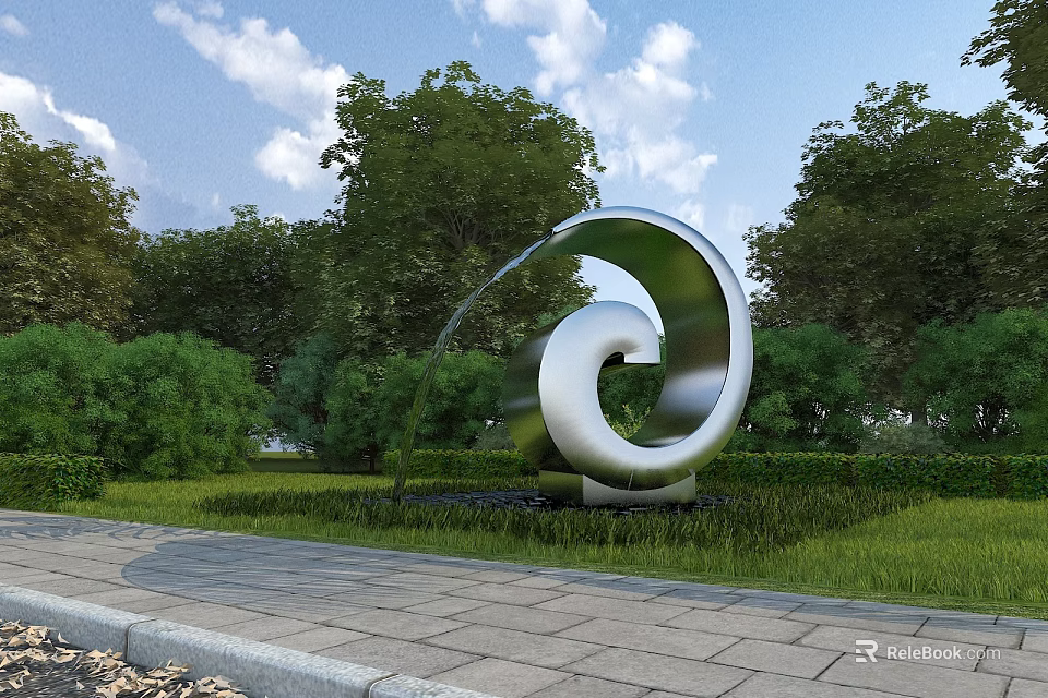 Municipal Road Urban Landscape With Modern Curved Sculpture And Lush Greenery Trees 3d model 