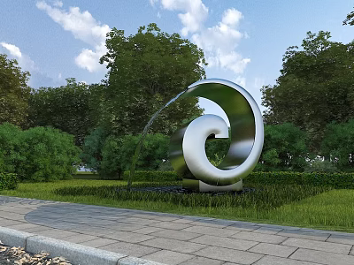 Municipal Road Urban Landscape With Modern Curved Sculpture And Lush Greenery Trees 3d model