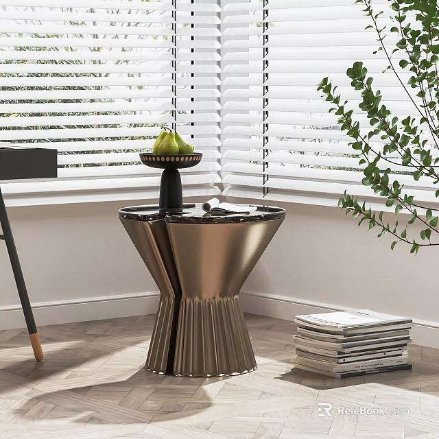 Metallic Side Table With Pleated Base Fruit Tray Green Pear Stack Of Books And Green Plant 3d model 