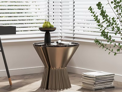Metallic Side Table With Pleated Base Fruit Tray Green Pear Stack Of Books And Green Plant 3d model