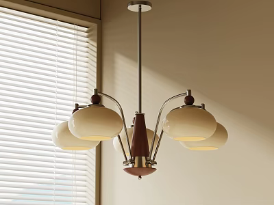 Modern Chandelier Featuring White Glass Shades Metal Arms and Natural Light Near Window with Blinds 3d model