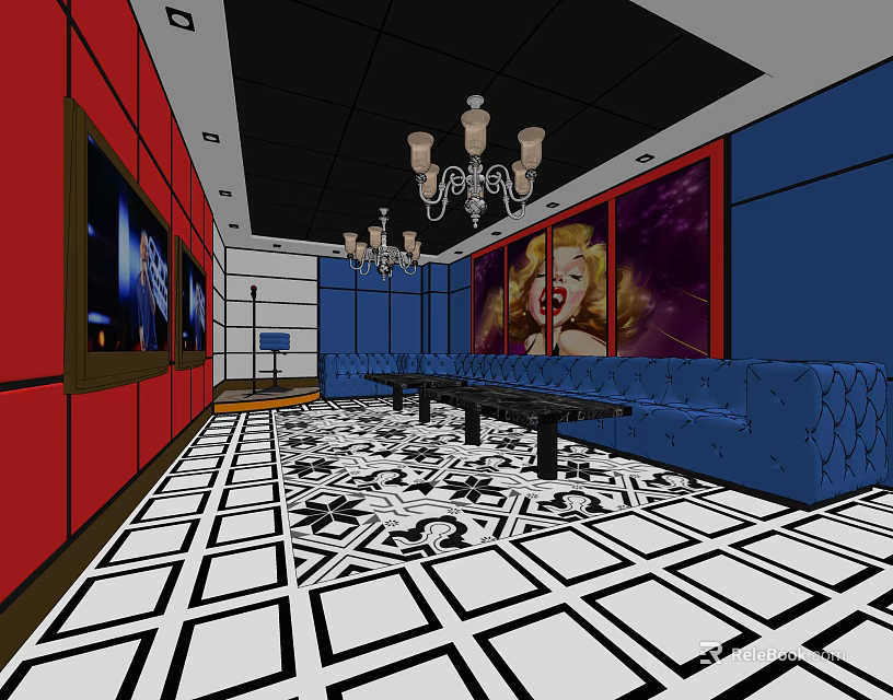 Stylish KTV Room Interior With Blue Sofas Black And White Geometric Floor And Chandelier 3d model 