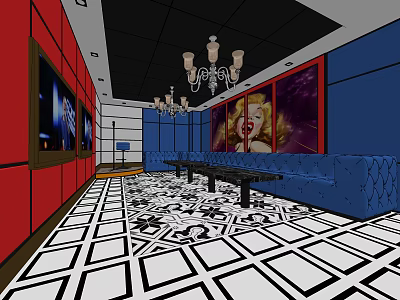 Stylish KTV Room Interior With Blue Sofas Black And White Geometric Floor And Chandelier 3d model
