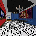 Stylish KTV Room Interior With Blue Sofas Black And White Geometric Floor And Chandelier