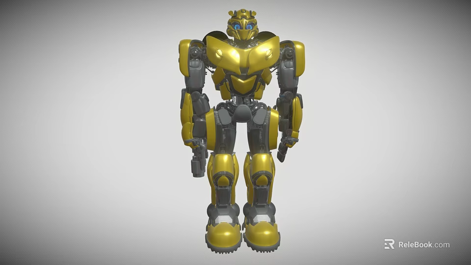 Detailed Yellow Mechanical Robot With Metal Body And Blue Eyes 3d model 