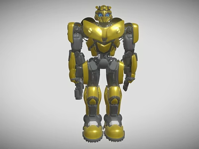 Detailed Yellow Mechanical Robot With Metal Body And Blue Eyes 3d model