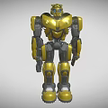 Detailed Yellow Mechanical Robot With Metal Body And Blue Eyes