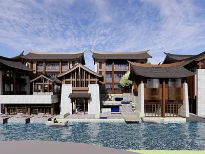 Traditional Chinese Commercial Street With Classic Architectural Style Wooden Structures And Waterfront Pool Steps 3d model