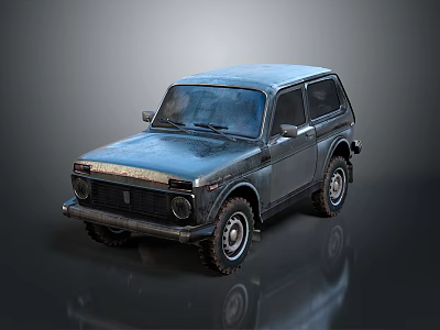 Vintage Two Door Car With Square Body Off Road Tires And Weathered Retro Finish 3d model