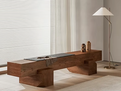 Modern Minimalist Wooden Bench Design By Window With Floor Lamp And Decorative Items 3d model
