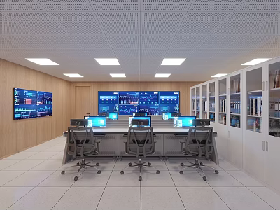 Modern Monitoring Room With Multiple Monitor Screens Control Desks And Office Chairs 3d model