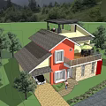 Detached Villa With Orange Yellow Exterior Garage White Car Brick Driveway And Green Lawn