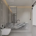 Modern Bathroom Featuring Freestanding Bathtub Marble Counter Striped Wall Tiles And Ambient Lighting