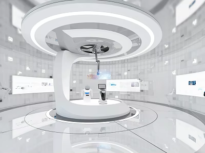 Modern Exhibition Hall Interior Featuring Circular Display Platform and Digital Screens 3d model