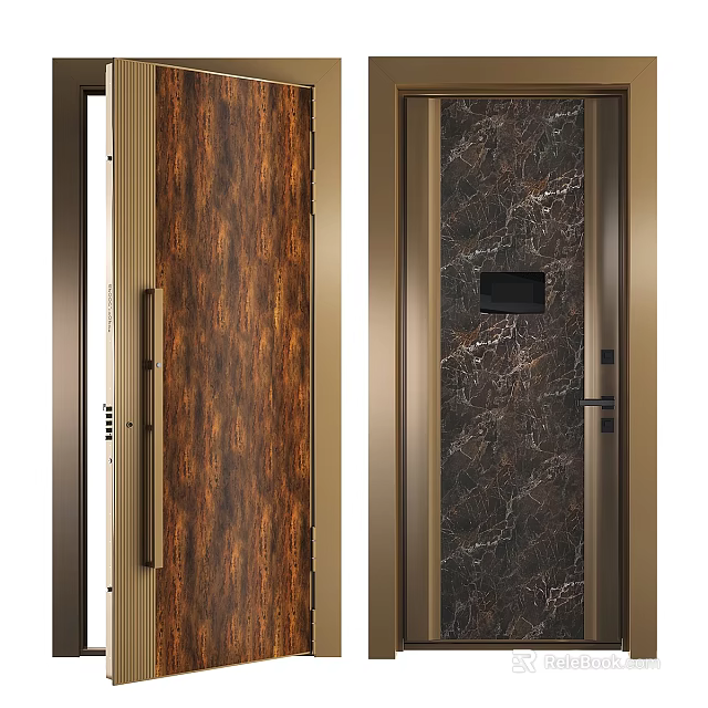 Swing Doors Featuring Wood Grain Marble Textures Golden Frame And Door Handle 3d model 