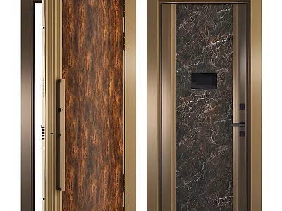 Swing Doors Featuring Wood Grain Marble Textures Golden Frame And Door Handle 3d model