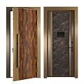 Swing Doors Featuring Wood Grain Marble Textures Golden Frame And Door Handle