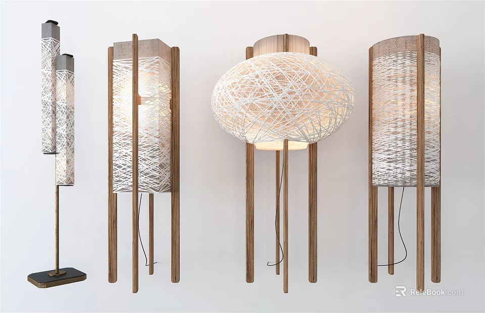 Modern Floor Lamps With Wooden Stand And Woven Shade In Different Styles 3d model 