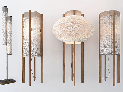 Modern Floor Lamps With Wooden Stand And Woven Shade In Different Styles 3d model