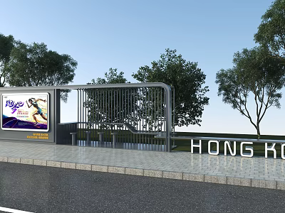 Outdoor Pergola With Billboard Surrounded By Trees On Paved Ground Near Hong Kong Road 3d model