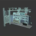 Industrial Workspace Equipment With Metal Structure Shelves Green Canisters Yellow Container And Bins