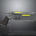 Futuristic Sci Fi Weapon with Silver Metallic Body Yellow Glowing Strips and Brown Grip