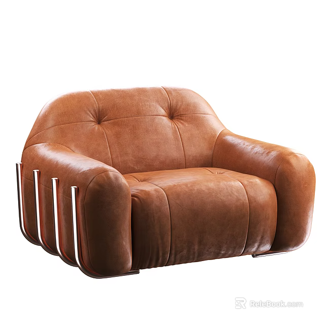 Brown Leather Single Seater Sofa With Modern Design And Metal Accents 3d model 