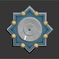 Two Tiered Fountain With Polygonal Base Circular Trays Blue White Columns And Golden Accents