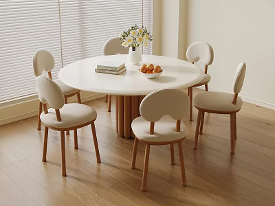 Round White Dining Table Set with Six Wood Leg Upholstered Chairs Vase Flowers Books Fruit 3d model