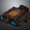 3D Game Scene Model With Square Central Area Stone Walls Stairs Flags And Blue Water