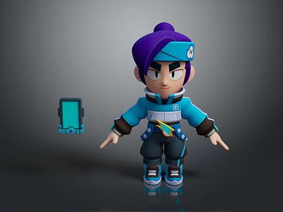 3D Cartoon Character With Purple Hair Blue Jacket Roller Skates And Blue Device 3d model