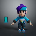 3D Cartoon Character With Purple Hair Blue Jacket Roller Skates And Blue Device
