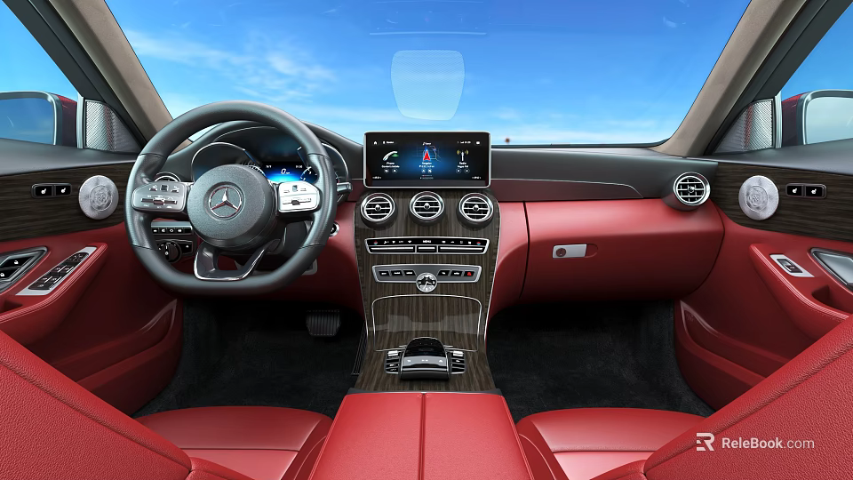 Luxury Car Interior With Red Seats Dashboard Infotainment Screen And Wood Trim 3d model 