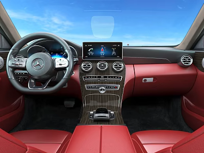 Luxury Car Interior With Red Seats Dashboard Infotainment Screen And Wood Trim 3d model
