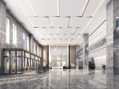 Modern Hotel Lobby With High Ceiling Marble Floor Glass Doors And Green Plants 3d model