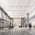 Modern Hotel Lobby With High Ceiling Marble Floor Glass Doors And Green Plants