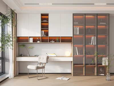 Modern Study Room Interior With White Gray Bookshelves Writing Desk And Green Plant 3d model