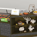 Retail Display Shelves With Glass Doors And Fresh Fruits On Tiled Wall Background