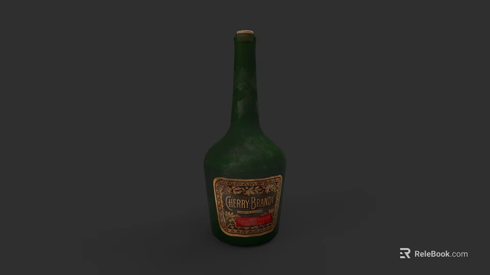 Vintage Green Ceramic Bottle Vessel with Cherry Brandy Label Design 3d model 